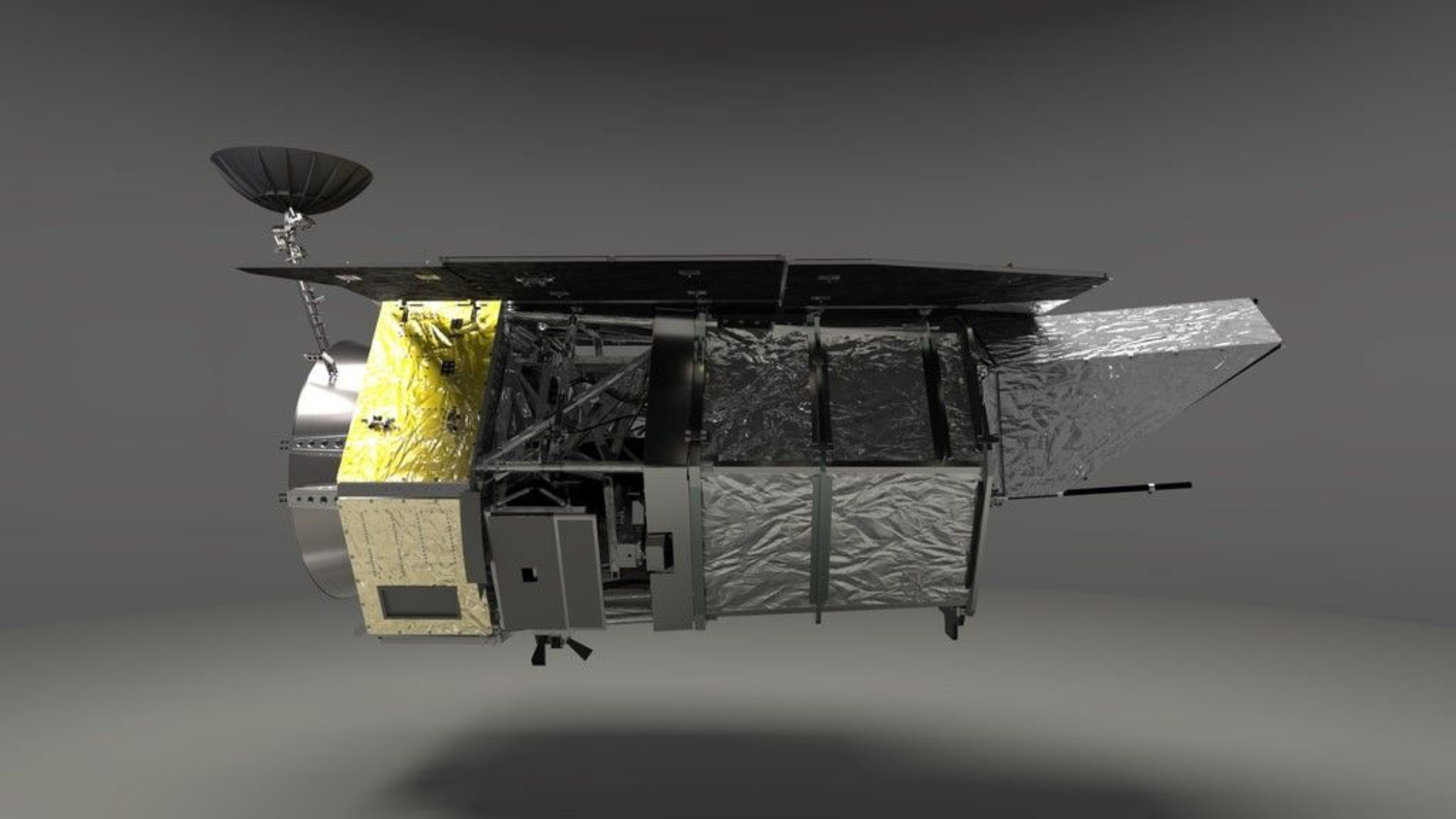 A visualization of the Roman Space Telescope facing horizontally onscreen.
