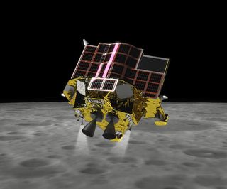 A short golden lunar lander with the grey of the lunar surface behind.