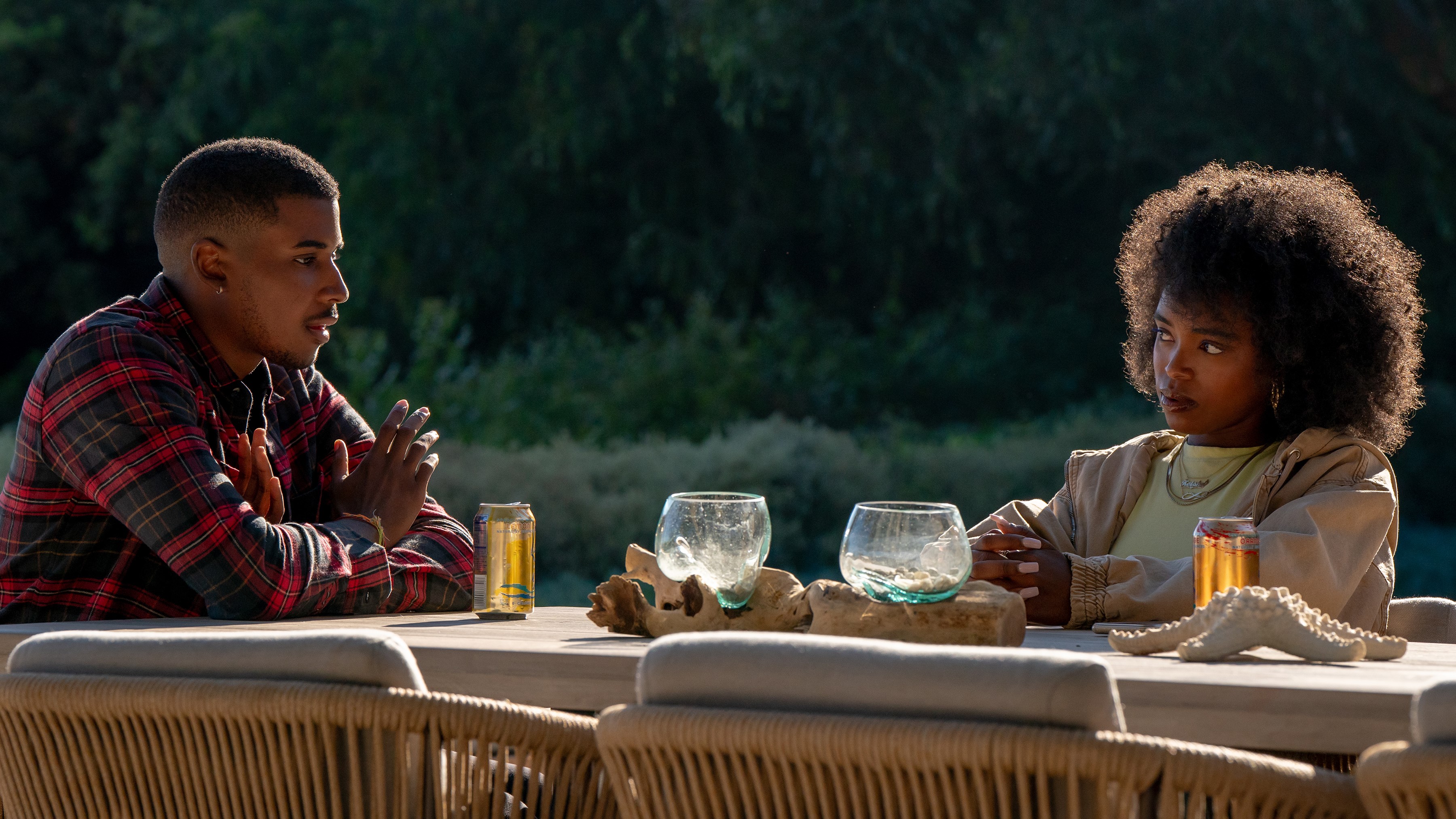 Michael Cooper Jr. and Lovie Simone as Justin and Keisha talking in Forever 
