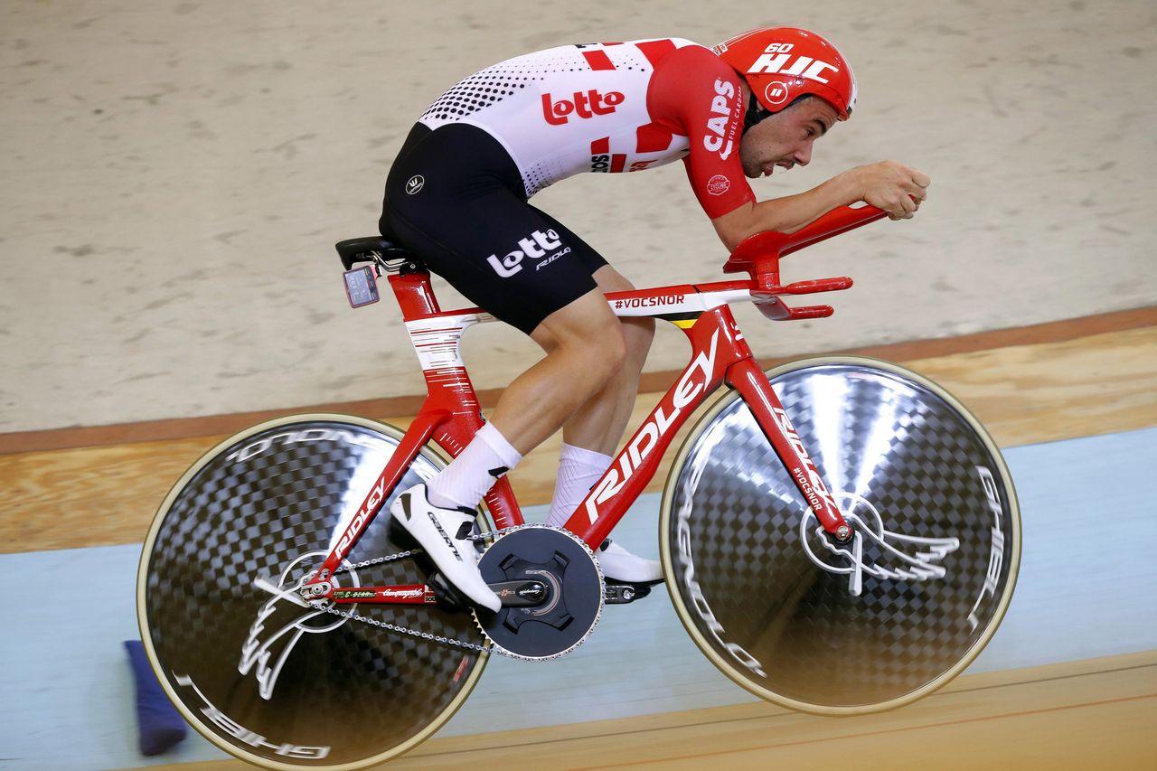 Victor Campenaerts displays his equipment choices en route to a new Hour Record: a Ridley Arena bike with Campagnolo Ghibli disc wheels, an HJC Adwatt aero helmet, a Vermarc skinsuit and aero Gaerne shoes and socks