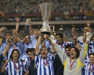 Porto lift the UEFA Cup after beating Celtic in the 2003 final