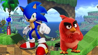 Sonic and Red (from Angry Birds) standing in Sonic's Green Hill Zone level