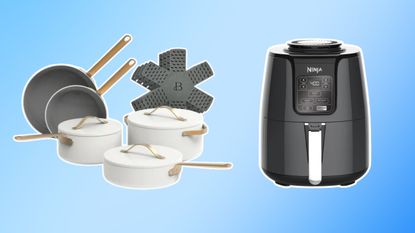 Set of white cookware and a black air fryer on blue background
