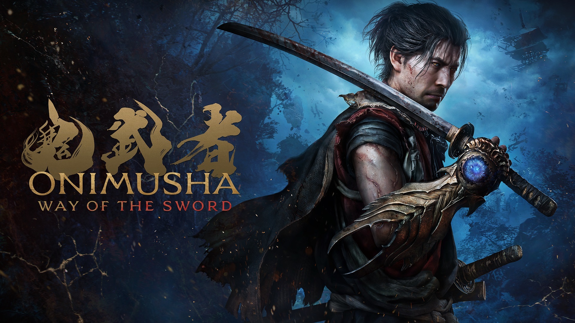The logo for Onimusha: Way of the Sword next to the samurai hero holding his blade