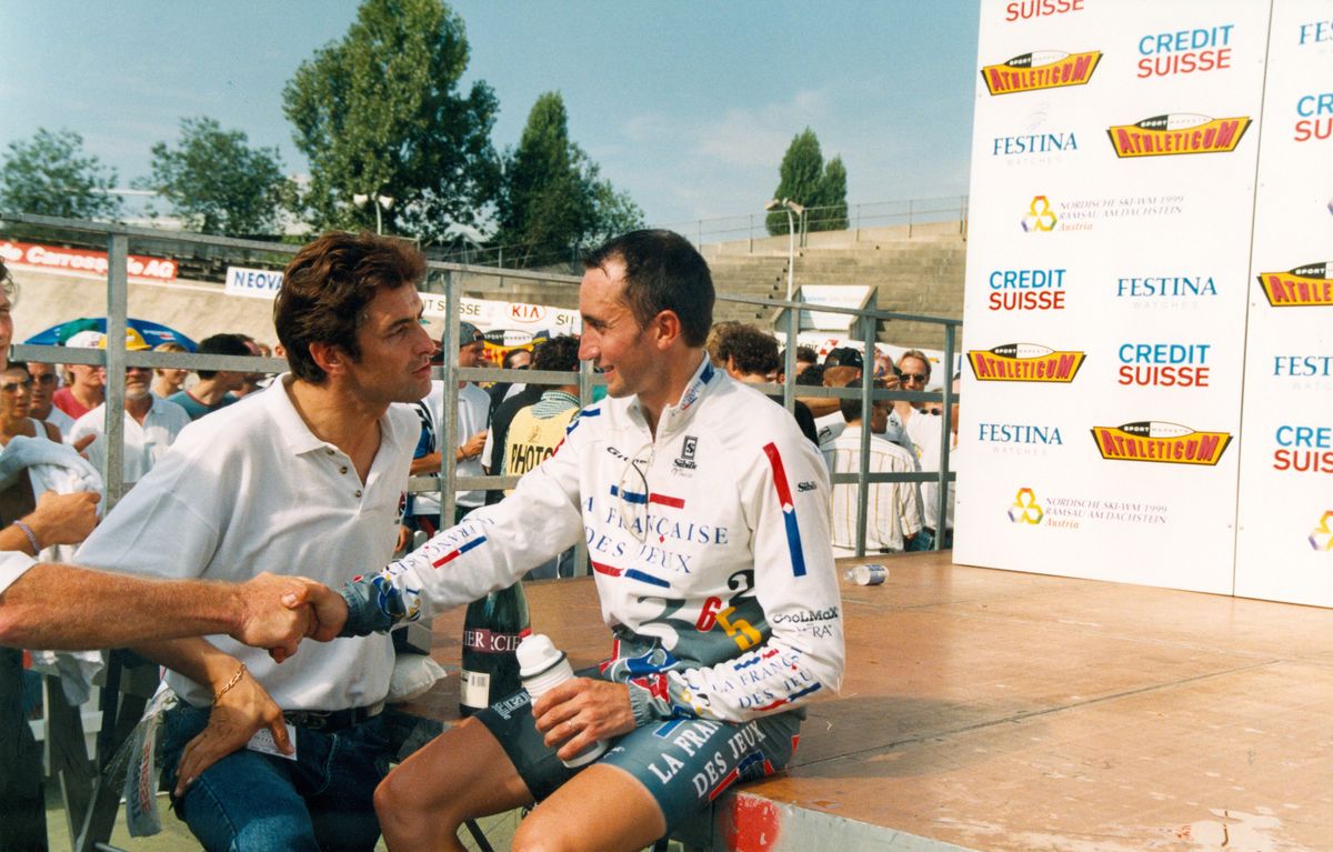 FDJ manager Marc Madiot with Rebellin after he added Z&uuml;ri-Metzgete to San Sebastian victory in 1997. The relationship wasn't destined to last. "You know Madiot, he&rsquo;s a bit impulsive," Rebellin said. "I&rsquo;ve got a different character."