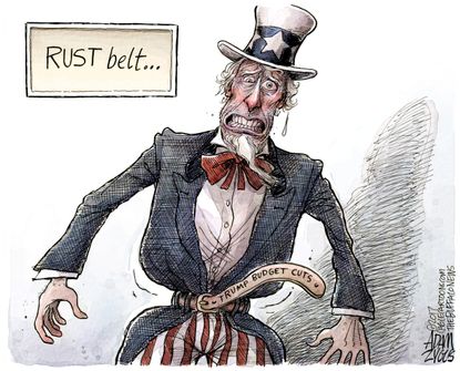 Political Cartoon U.S. Trump Rust belt voters Uncle Sam Budget cuts
