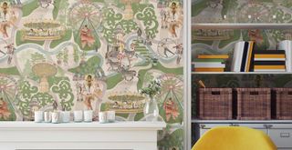 living room with wallpaper behind the bookshelves to highlight a key wallpaper trend 2023