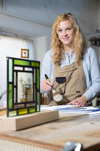 Stained glass conservator/restorer Lizzie Hippisley-Cox of Cumbria who runs Eden Stained Glass. Photo © John Millard/Country Life