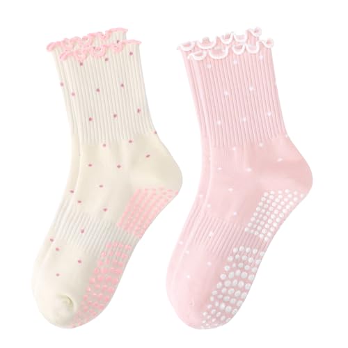 Fiyigo Women's Pilates Grip Socks, Cute Ruffle Non-Slip Polka Dot Yoga Sock