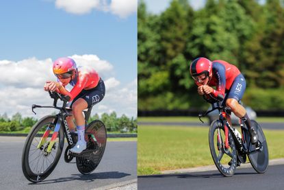 Composite image of Lizzie Holden (on the left) and Josh Tarling (right) time trialling on Wednesday