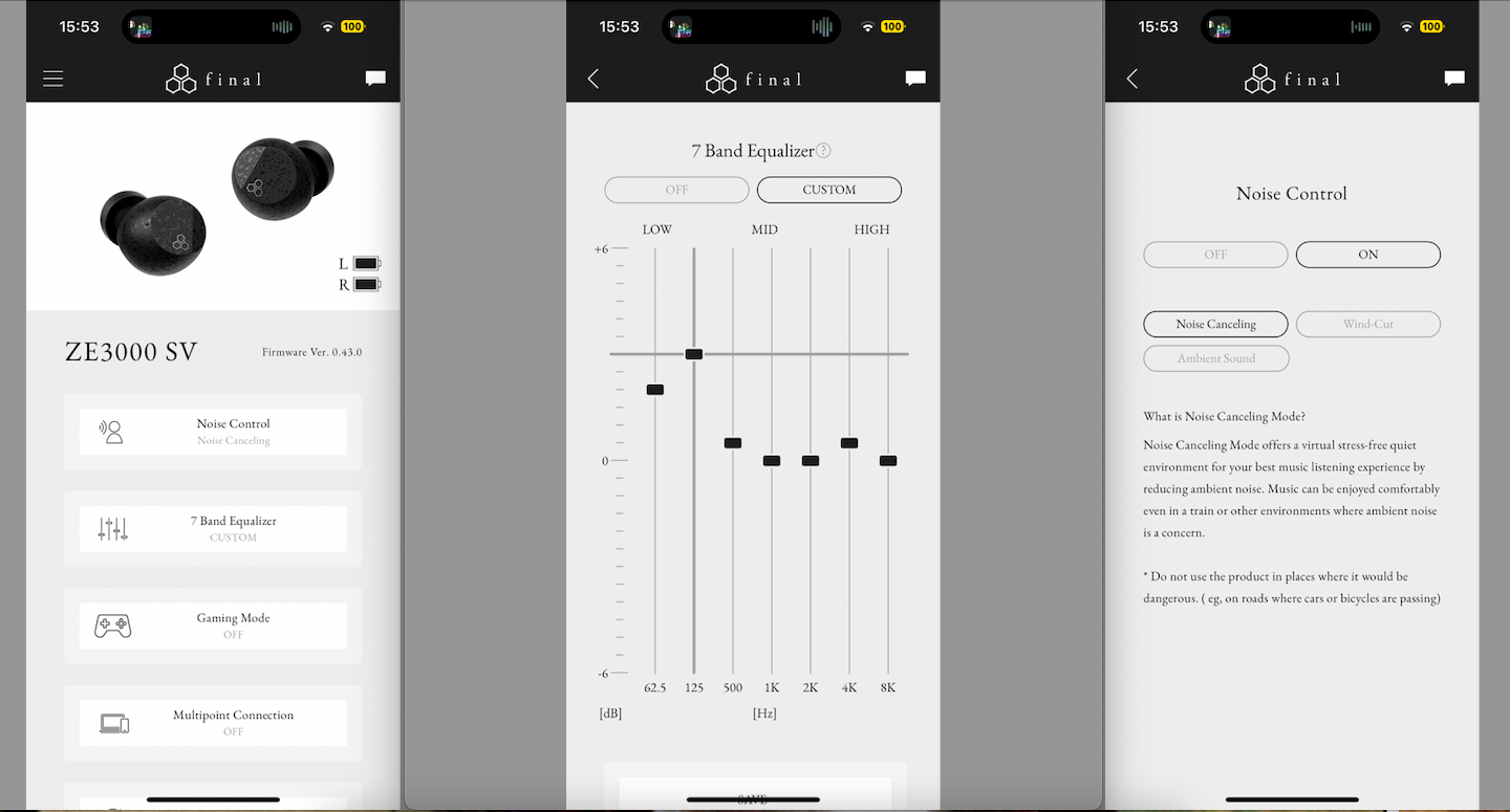 Screenshots of the Final Audio ZE3000 SV in-ear headphones app
