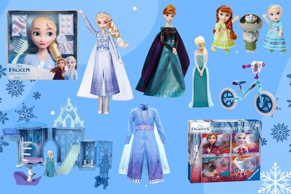 Collage showing the best Frozen toys including the Elsa Tonie, a jigsaw puzzle, balance bike, playset, fancy dress costume and more