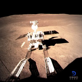 China's Yutu 2 rover makes the first wheel tracks on the far side of the moon on Jan. 3, 2019, after rolling down from the Chang'e 4 lander.