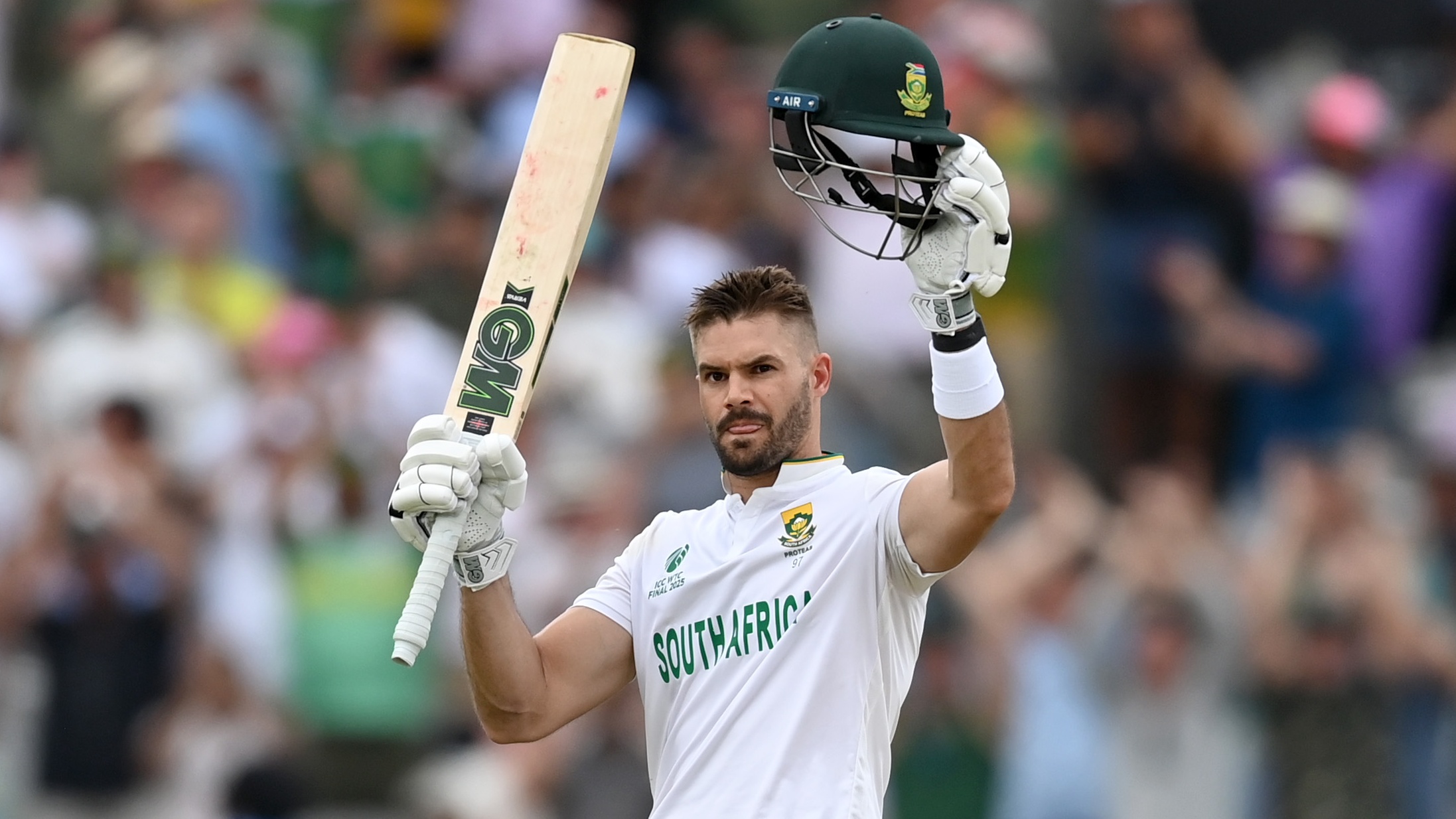 South Africa&#039;s Aiden Markram celebrating his century in the WTC Final against Australia.