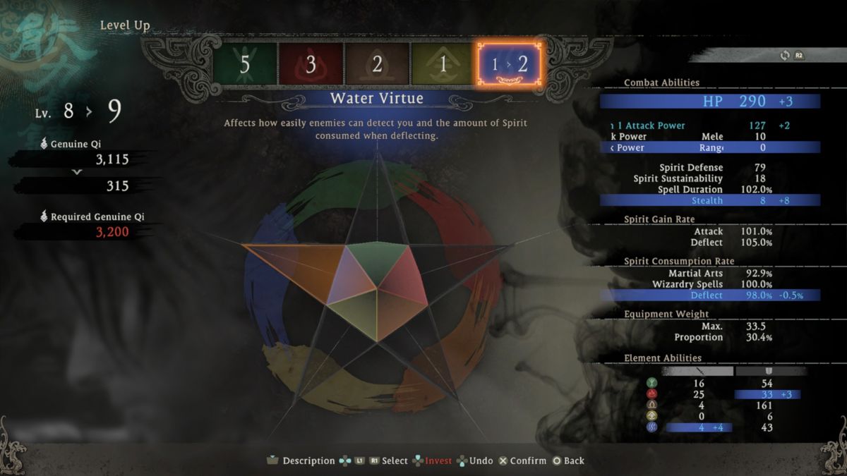 Wo Long: Fallen Dynasty deflect difficulty - Water Virtue in the level menu