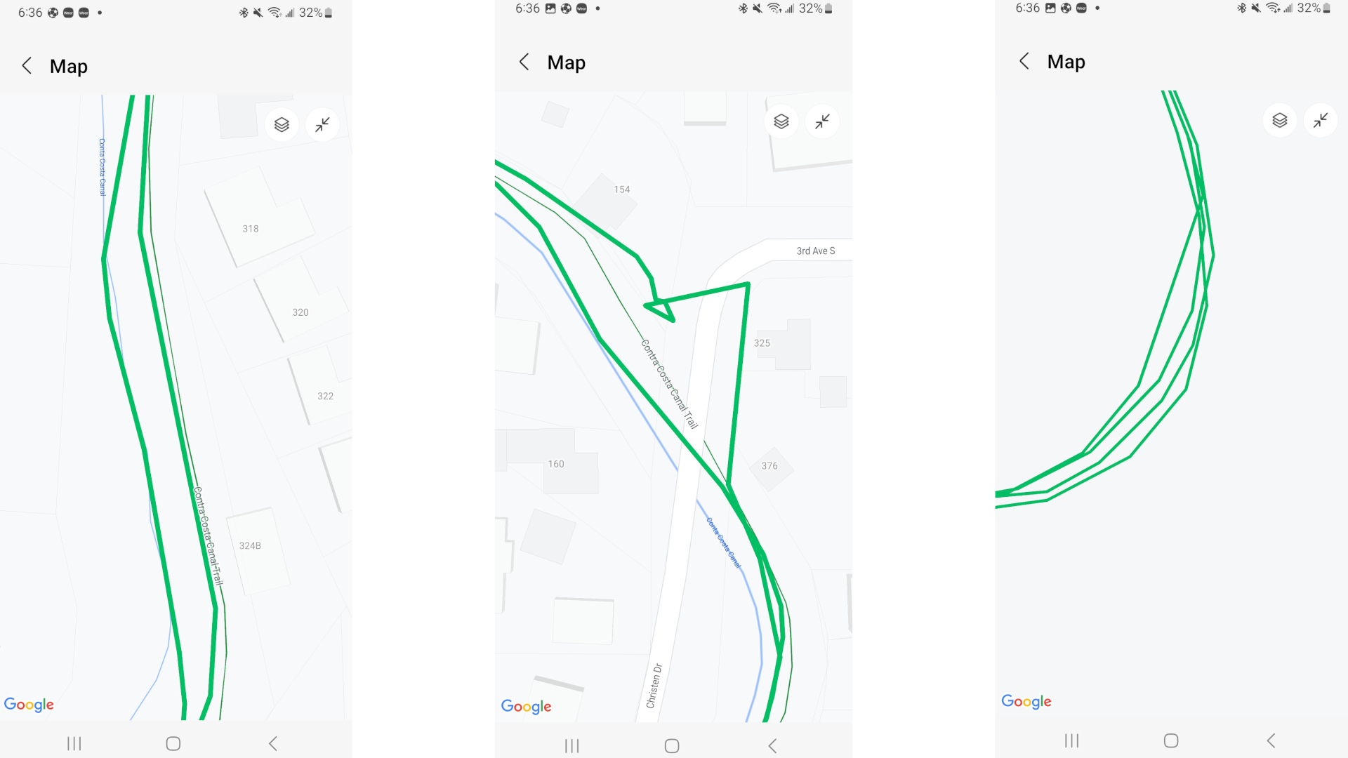 Close up of GPS-tracked runs in Samsung Health, showing the runner's supposed path into rivers and off trail