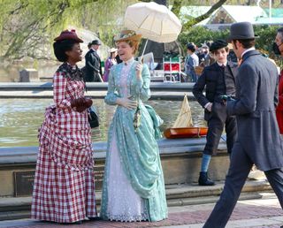 More filming of 'The Gilded Age' with Louisa Jacobson, Denée Benton and Thomas Cocquerel.