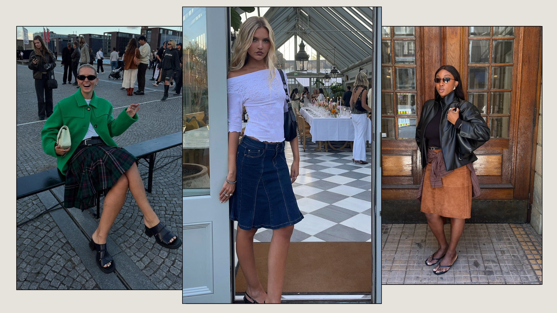 Three fashion people wear the knee length skirt trend. 