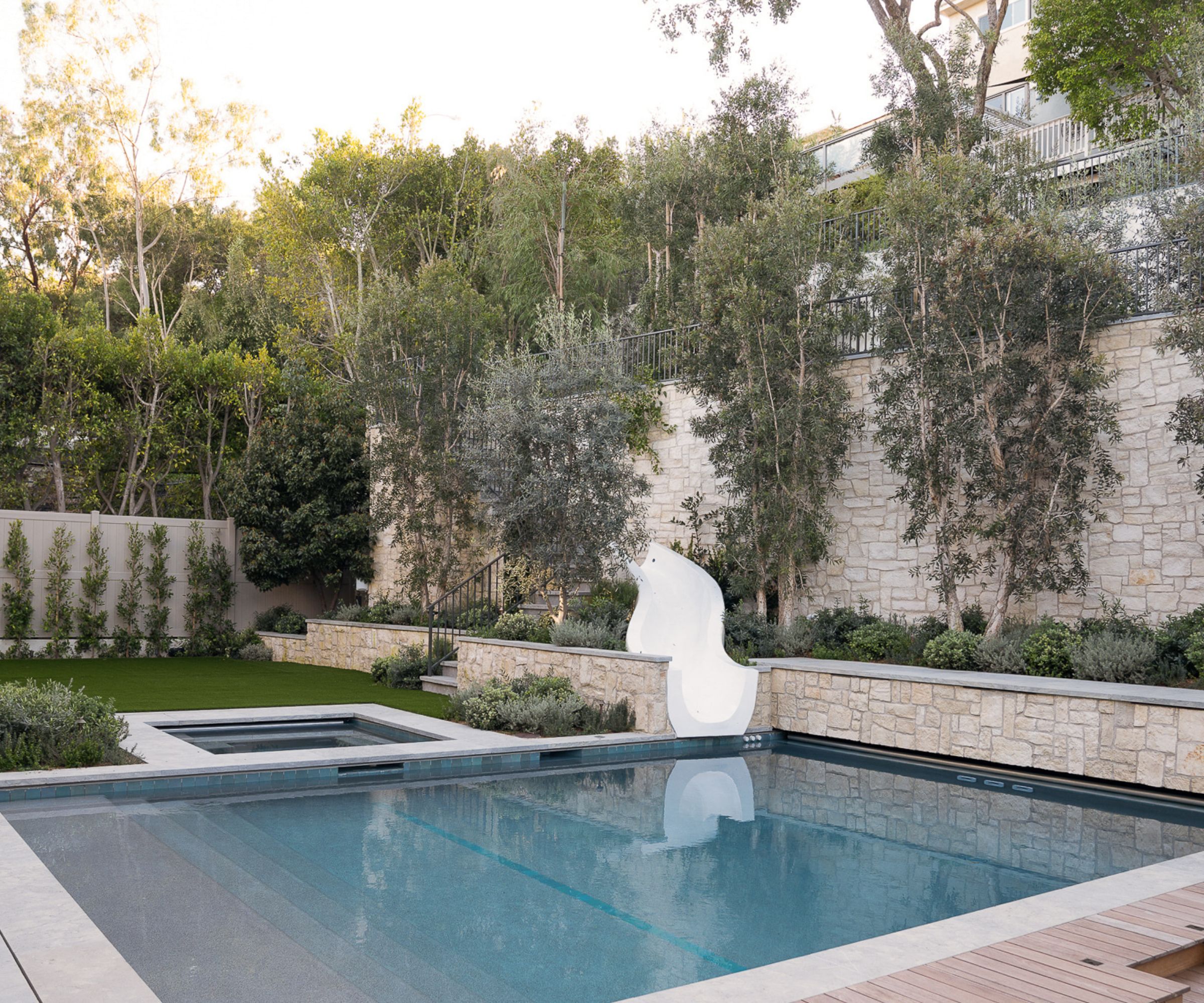 backyard and pool with kids slide