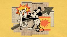 Photo collage of Steamboat Willie, the original Mickey Mouse appearance, with newspaper clippings of stocks and investments. There are two cartoon explosions interspersed with the clippings.