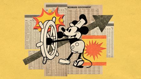 Photo collage of Steamboat Willie, the original Mickey Mouse appearance, with newspaper clippings of stocks and investments. There are two cartoon explosions interspersed with the clippings.