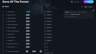 Sons of the Forest cheats mod page from WeMod