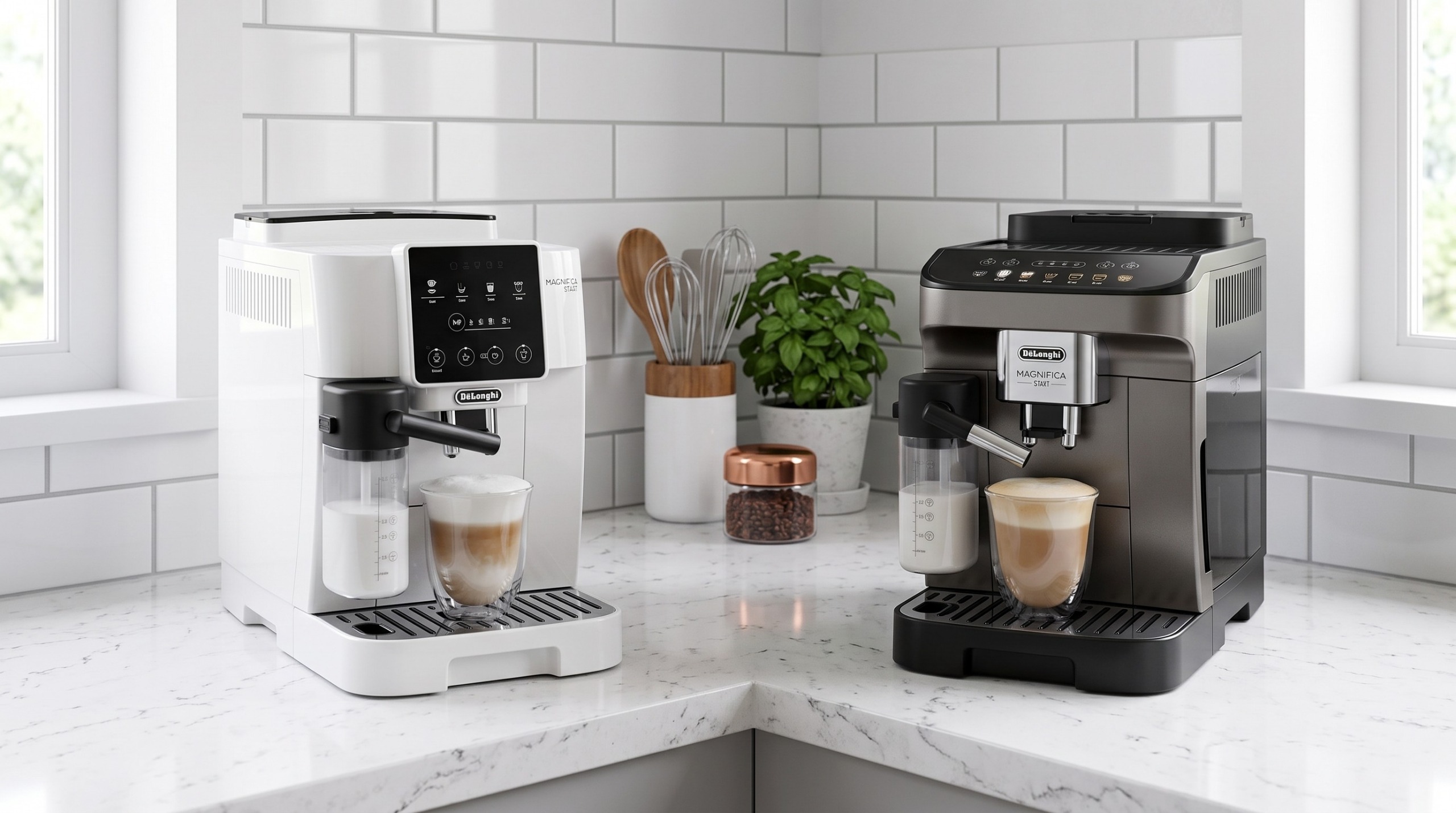 De'Longhi Magnifica Start and De'Longhi Magnifica Evo on a kitchen counter.