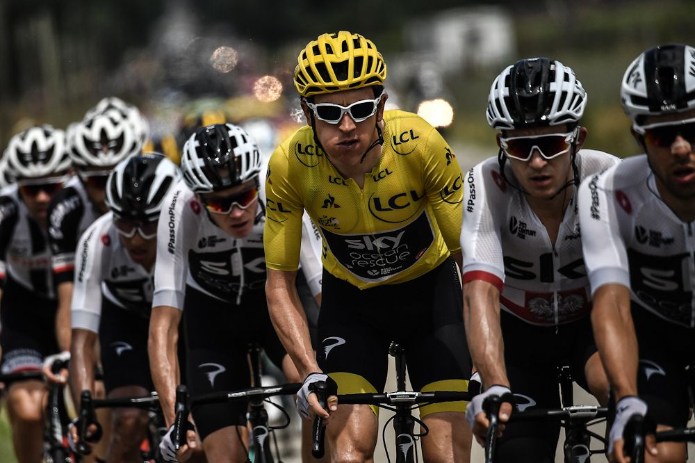 Geraint Thomas in yellow during stage 14 at the Tour de France