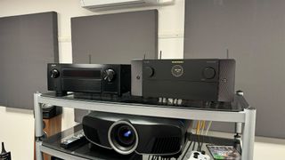 Marantz Cinema 30 home cnema amplifier on AV rack with projector