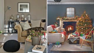 Two living room images side by side one neutral with natural foliage the other dark blue with bright coloured accessories showing how to decorate a living room for Christmas on a budget