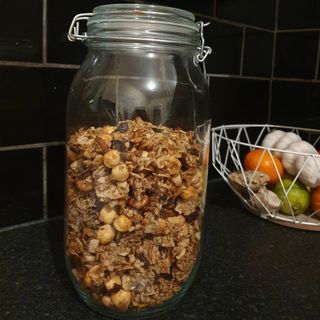 A jar of homemade granola made in an air fryer