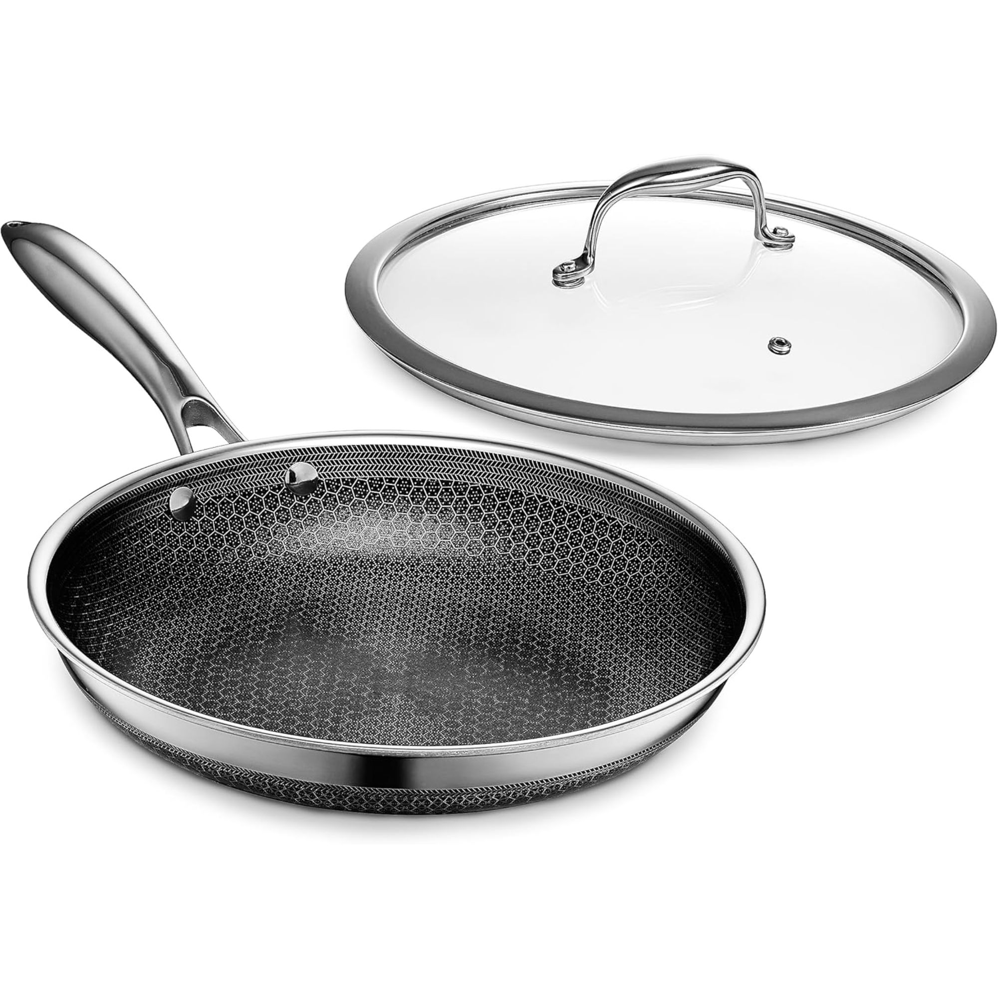 A Hexclad frying pan with glass lid