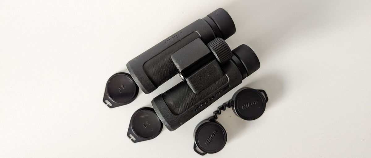 A view of the binoculars with accessories