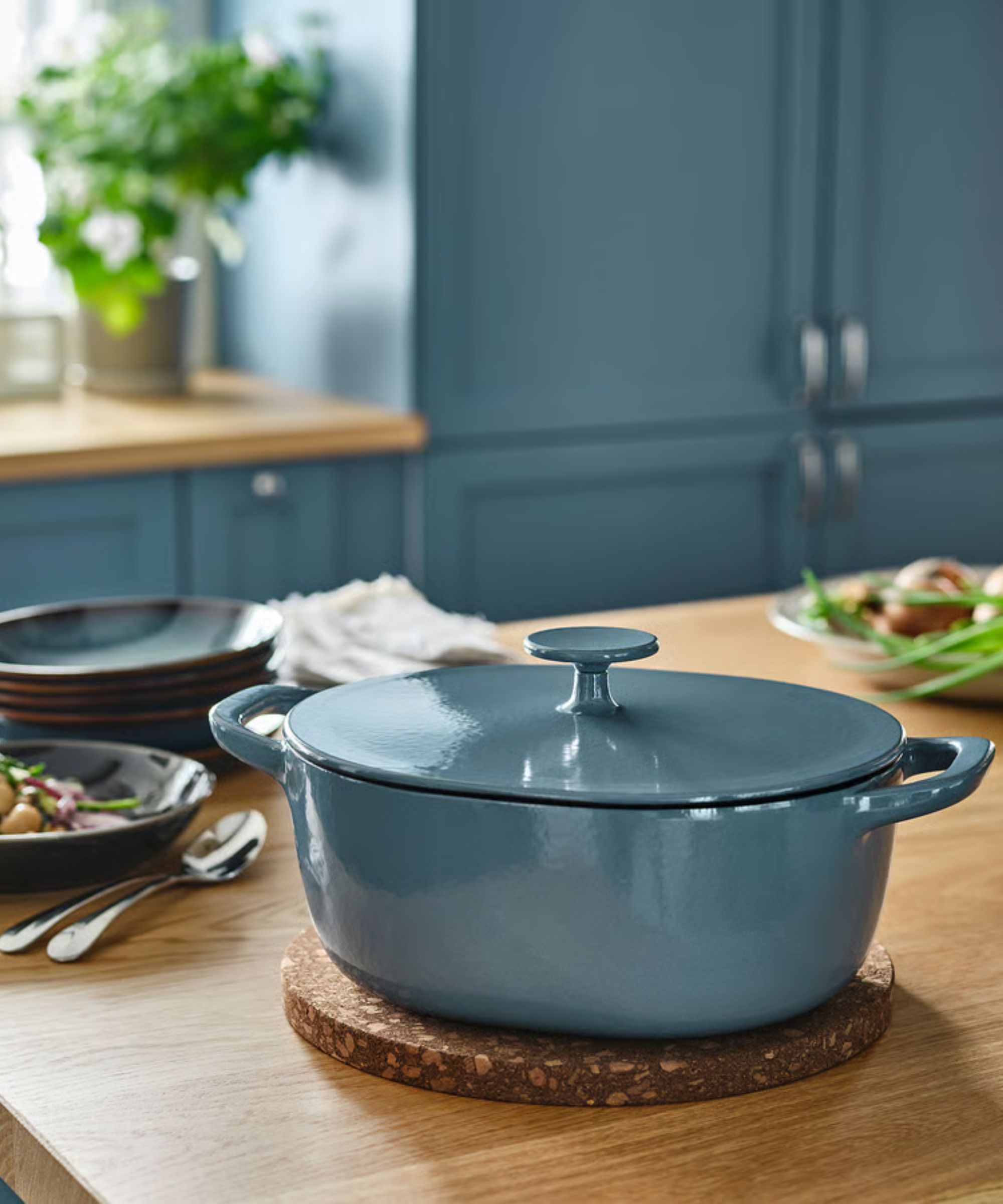 Pale blue cast iron Dutch oven