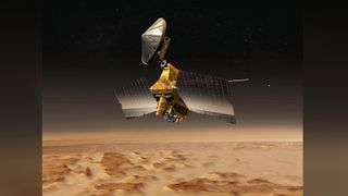 An artist's illustration of NASA's Mars Reconnaissance Orbiter in orbit around the Red Planet.