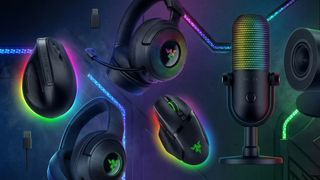 Selection of Razer gaming peripherals against a background of RGB lighting