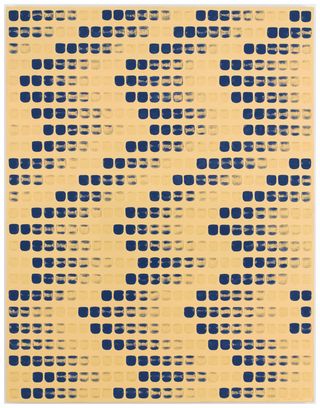 Image of canvas artwork, cream background with blue compact daubs in horizontal lines