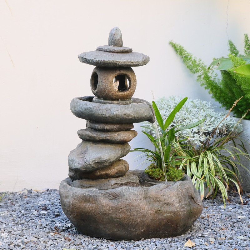 Millwood Pines Japanese Stacked Stone Lantern Cascading Water Fountain With Led Lights, 27.6" Tall Resin Outdoor Water Feature for Garden Patio Zen Decor | Wayfair