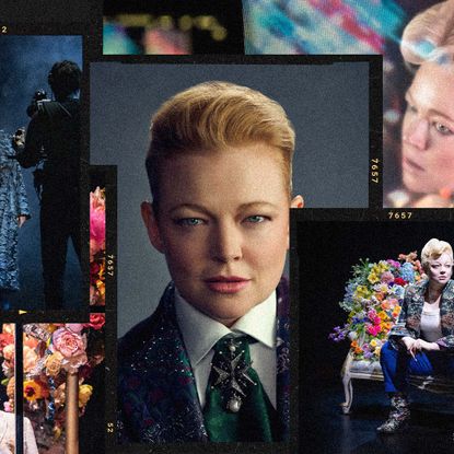 a collage of images of sarah snook on stage in different costumes and wigs in the broadway play the picture of dorian gray