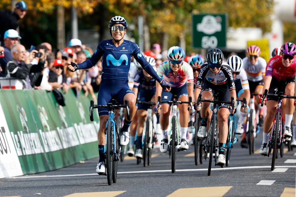 LAUSANNE SWITZERLAND OCTOBER 07 Arlenis Sierra Caadilla of Cuba and Movistar Team Women celebrates at finish line as stage winner ahead of Liane Lippert of Germany and Team DSM Women Demi Vollering of Netherlands and Team SD Worx and Soraya Paladin of Italy and Team CanyonSram Racing during the 1st Tour de Romandie Feminin 2022 Stage 1 a 1344km stage from Lausanne to Lausanne TDRwomen TDRF on October 07 2022 in Lausanne Switzerland Photo by Bas CzerwinskiGetty Images