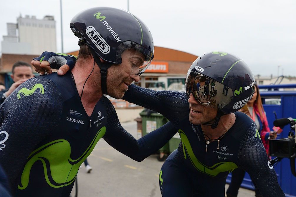 Alejandro Valverde and Jos&eacute; Joaqu&iacute;n Rojas celebrating Movistar's Volta a Catalunya stage 2 team time trial success