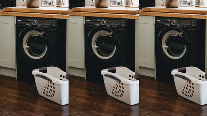 Three washing machine images in a row with a basket