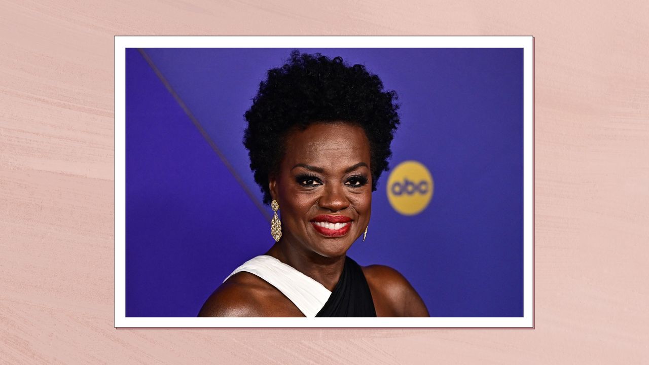 Viola Davis is pictured with crown-style curls at the 76th Primetime Emmy Awards held at Peacock Theater on September 15, 2024 in Los Angeles, California/ in a pink template