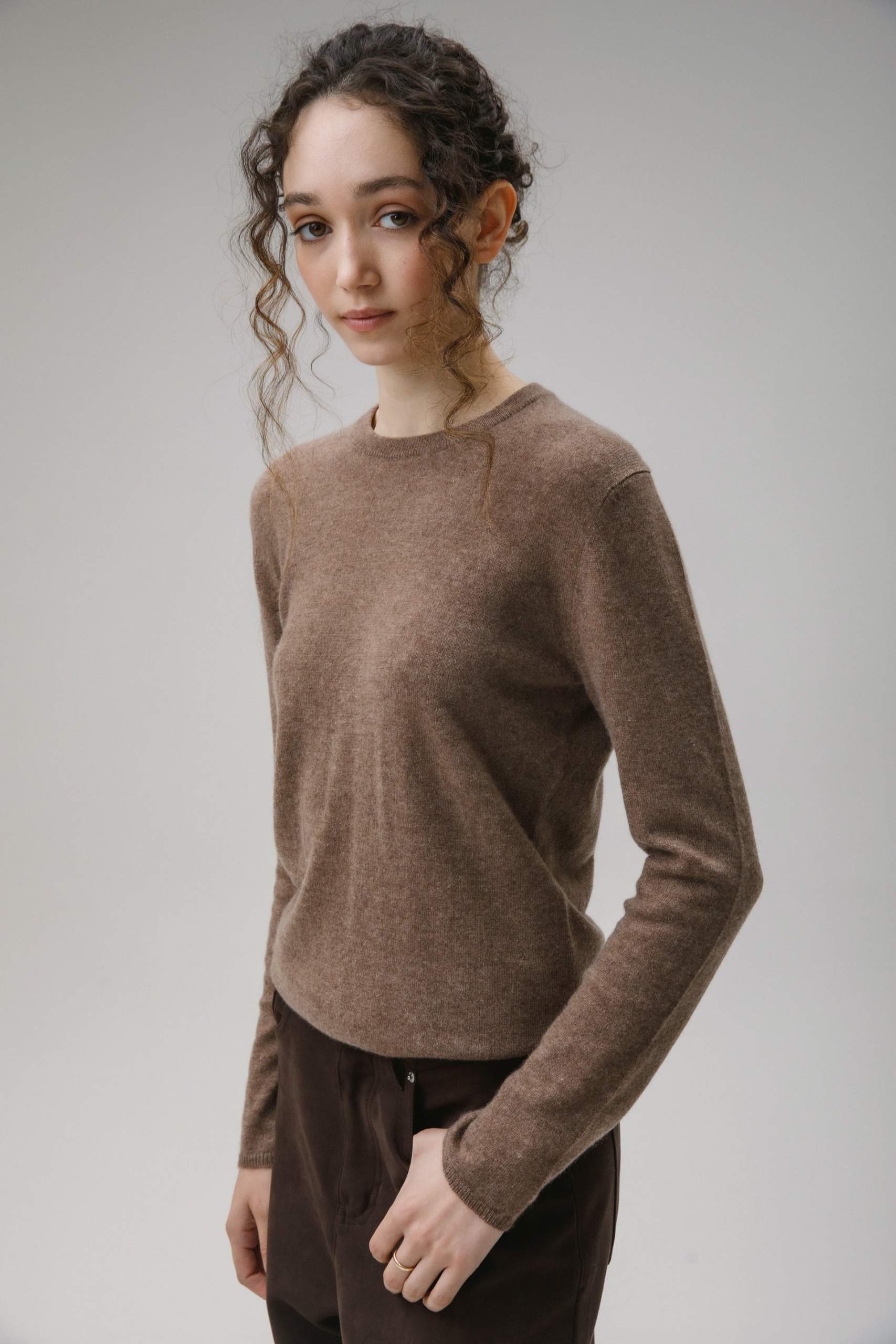 Women's Cashmere Crew Neck Jumper - Squirrel- 2xs