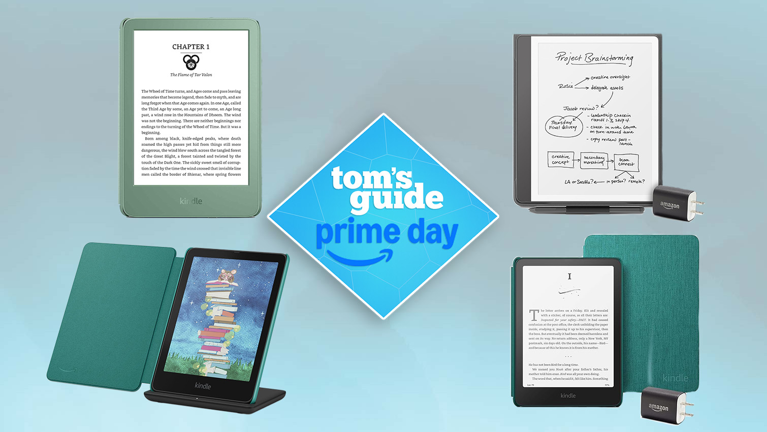 selection of kindles on blue background with prime day tag