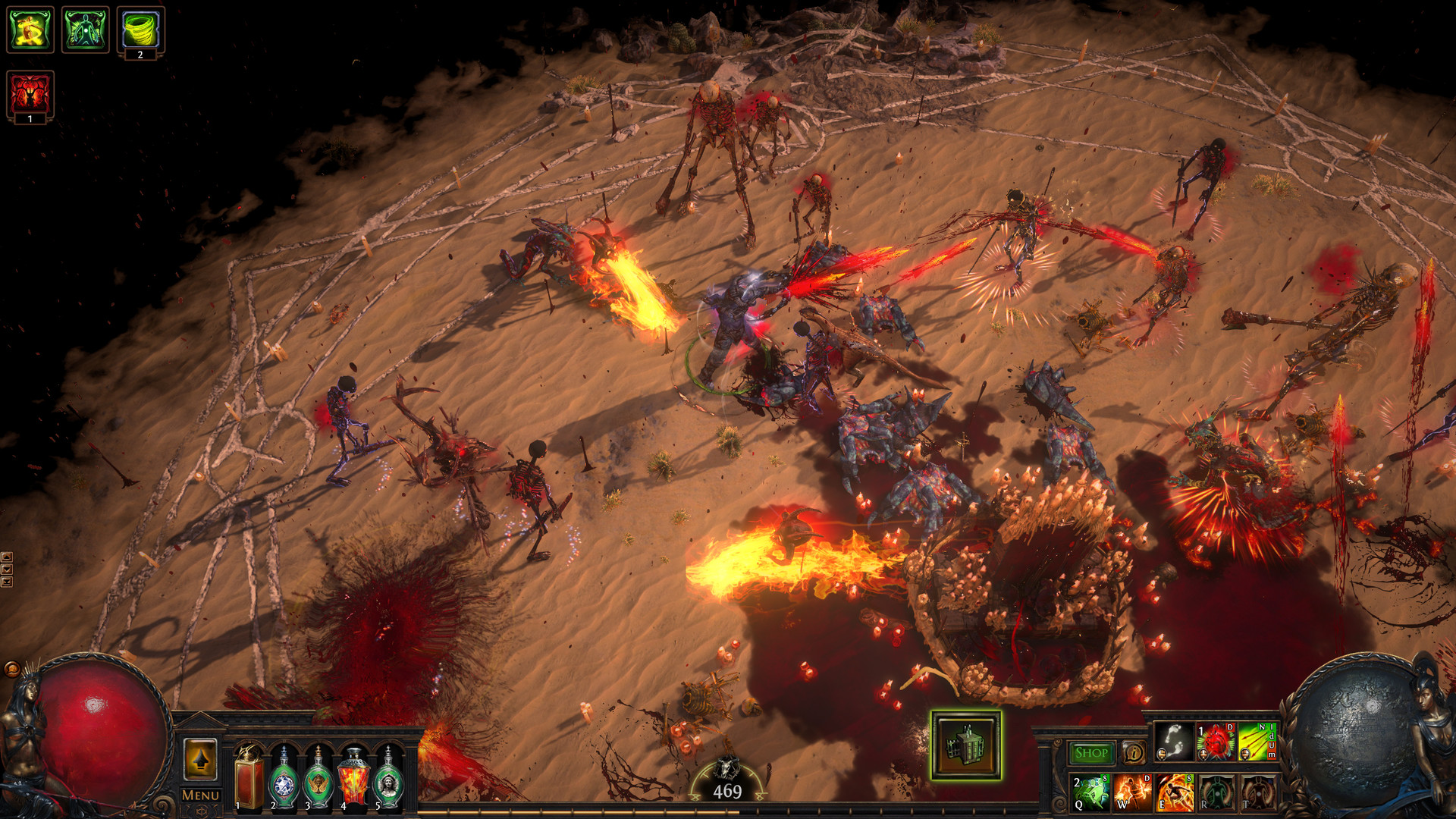 A player fighting a horde of monsters during the RPG Path of Exile
