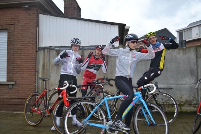 They aren't having much fun at EuroCrossCamp, are they? The crew hams it up for the camera before a team ride. From left to right - Austin Vincent, Cooper Willsey, Lance Haidet and Gavin Haley.
