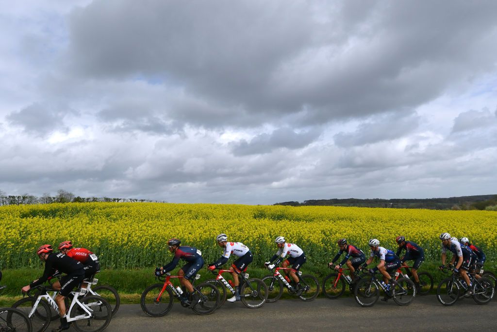 LA CHAPELLESAINTAUBIN FRANCE APRIL 08 LR Cameron Wurf of Australia and Team INEOS Grenadiers Alex Kirsch of Luxembourg Mads Pedersen of Denmark and Team Trek Segafredo Yellow Leader Jersey Elia Viviani of Italy and Team INEOS Grenadiers Yves Lampaert of Belgium and Team QuickStep Alpha Vinyl and a general view of the Peloton competing during the 68th Circuit Cycliste Sarthe Pays de la Loire 2022 Stage 4 a 1364km stage shortened due to bad weather conditions from La ChapelleSaintAubin to La ChapelleSaintAubin CircuitSarthe on April 08 2022 in La ChapelleSaintAubin France Photo by Dario BelingheriGetty Images