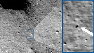 a grey image of the surface of the moon from high above. A blue rectangle is magnified on the right.