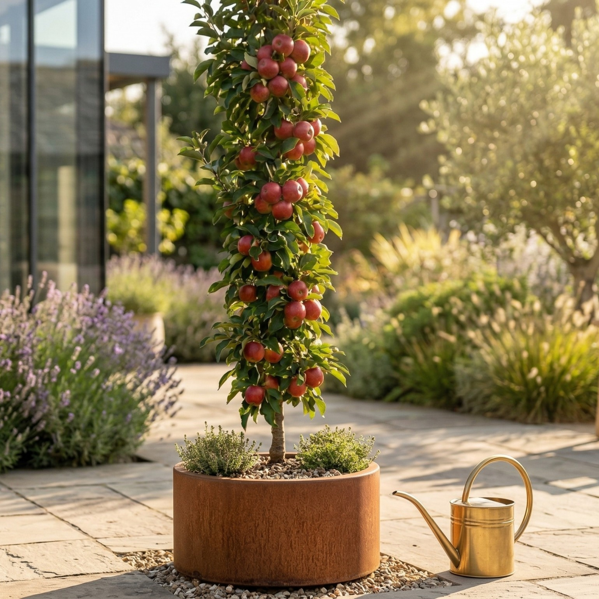 columnar apple tree growing in corten steel pot on patio